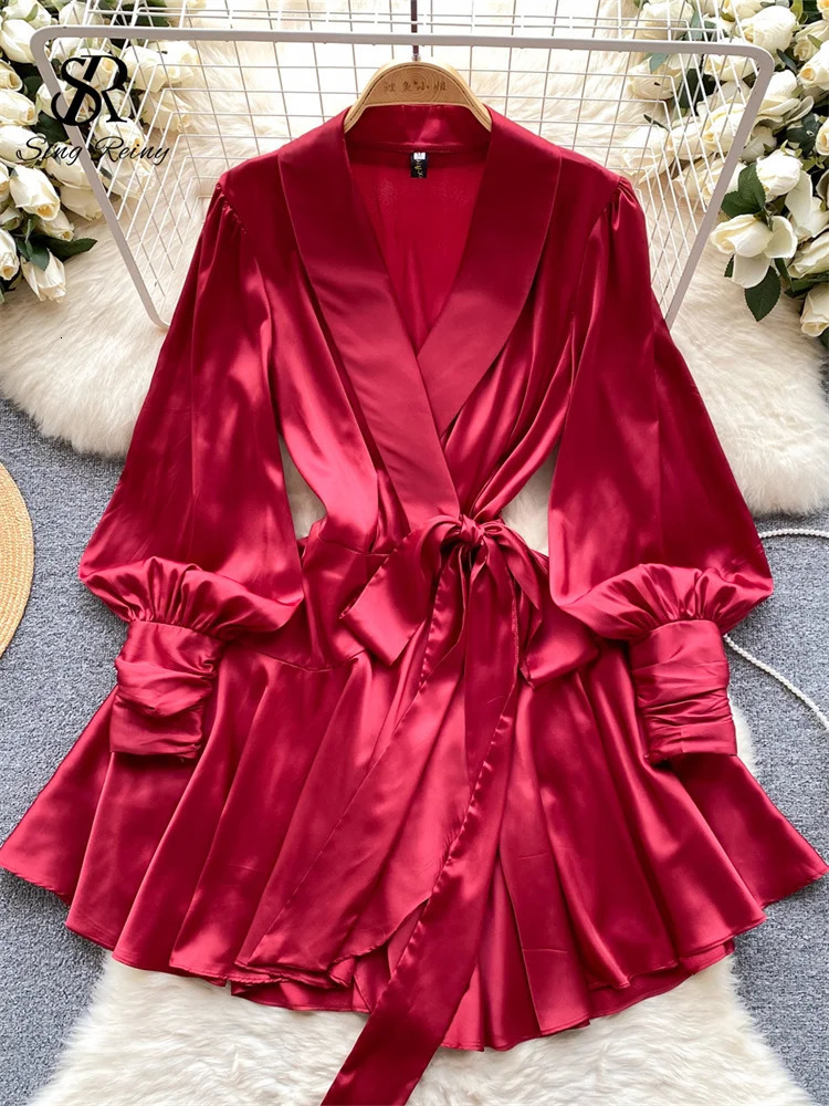 SINGREINY Women Senior Satin Sexy Dress 2024 Fashion Deep V Neck Bandage French Spring Lantern Sleeve Pleated Wrap Dress 250121