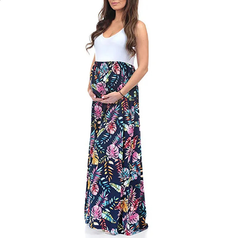 Summer Pregnant Women Dresses Maternity Dress Pregnancy Flower Pattern Loose Knee Long Dress Sleeveless Female Casual Clothes 250116