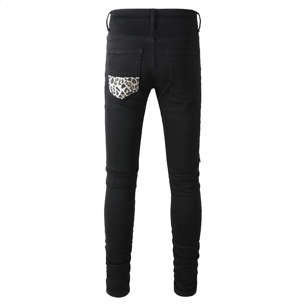 Mens Leopard Print Patch Jeans Streetwear Black Stretch Denim Skinny Tapered Pants Punk Ripped Patchwork Trousers 250120