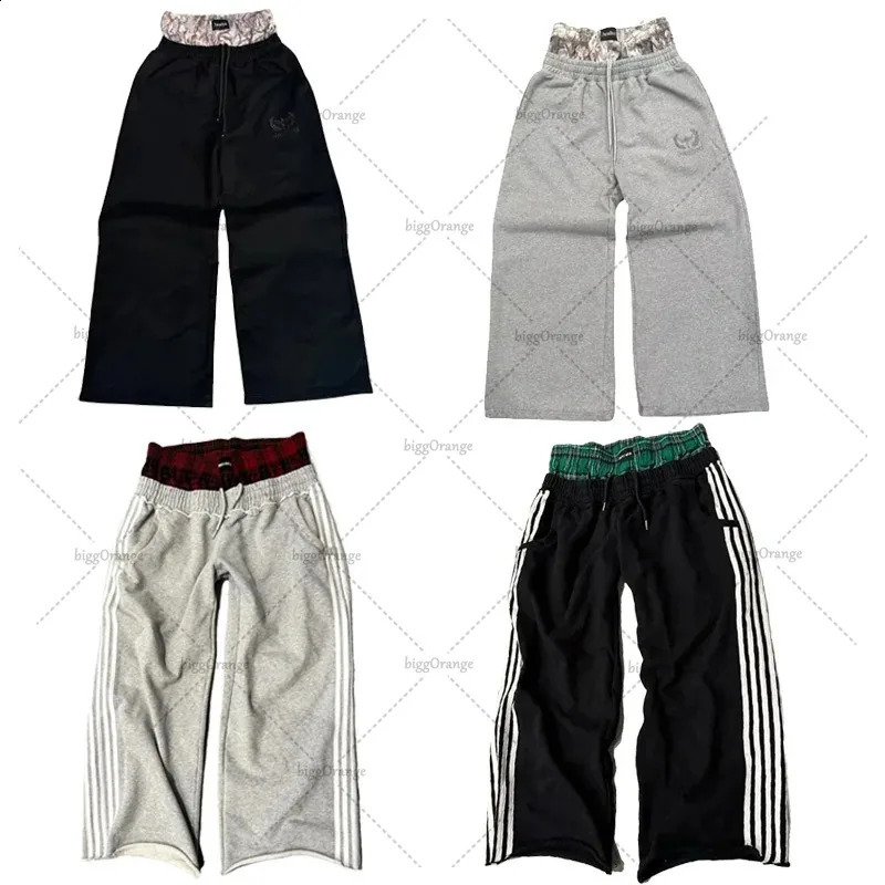 Hiphop Trendy Streetwear Harajuku Retro Striped Wideleg Trousers Women Camouflage Splicing Twopiece Casual Sweatpants 250108