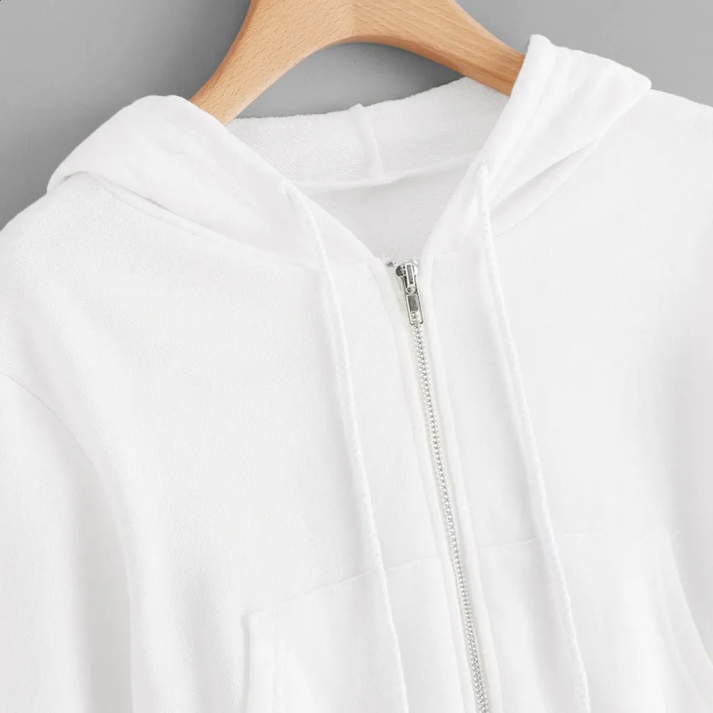 White Zip Up Hoodie Drawstring Long Sleeve Kpop Hooded Sweatshirt For Women Kawaii Harajuku Cropped Hoodie Sudaderas Para Mujer250120