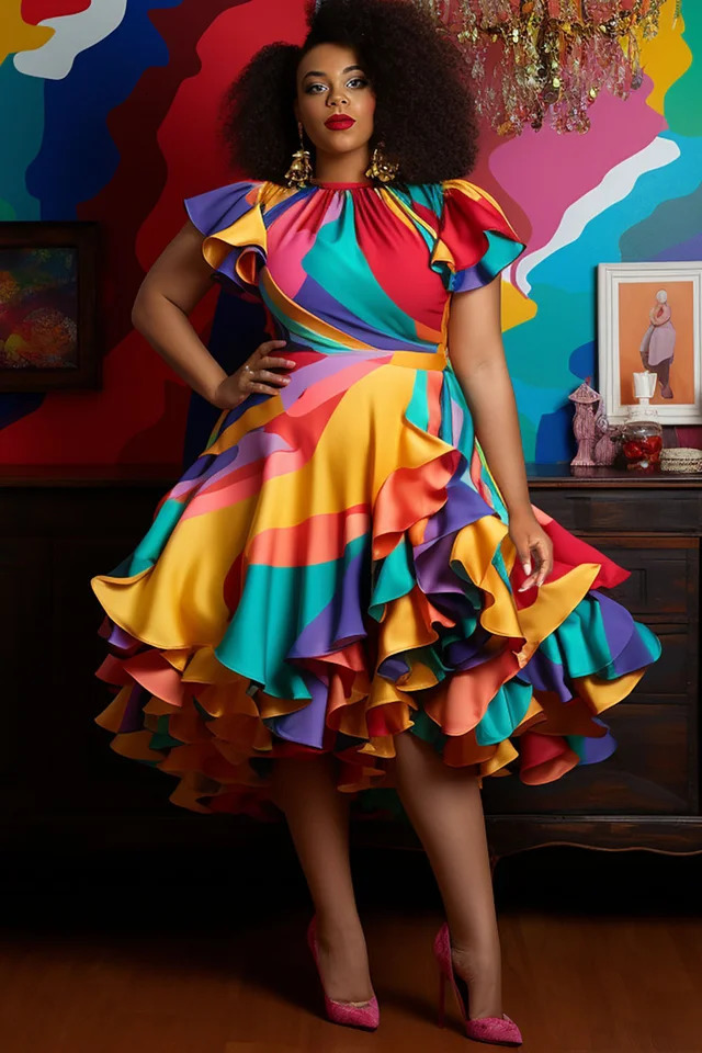 Pleated ALine Ruffle Prom Dresses Plus Size Multicolor Round Neck Petal Sleeve Short Elegant Sweet Satin Midi 250121