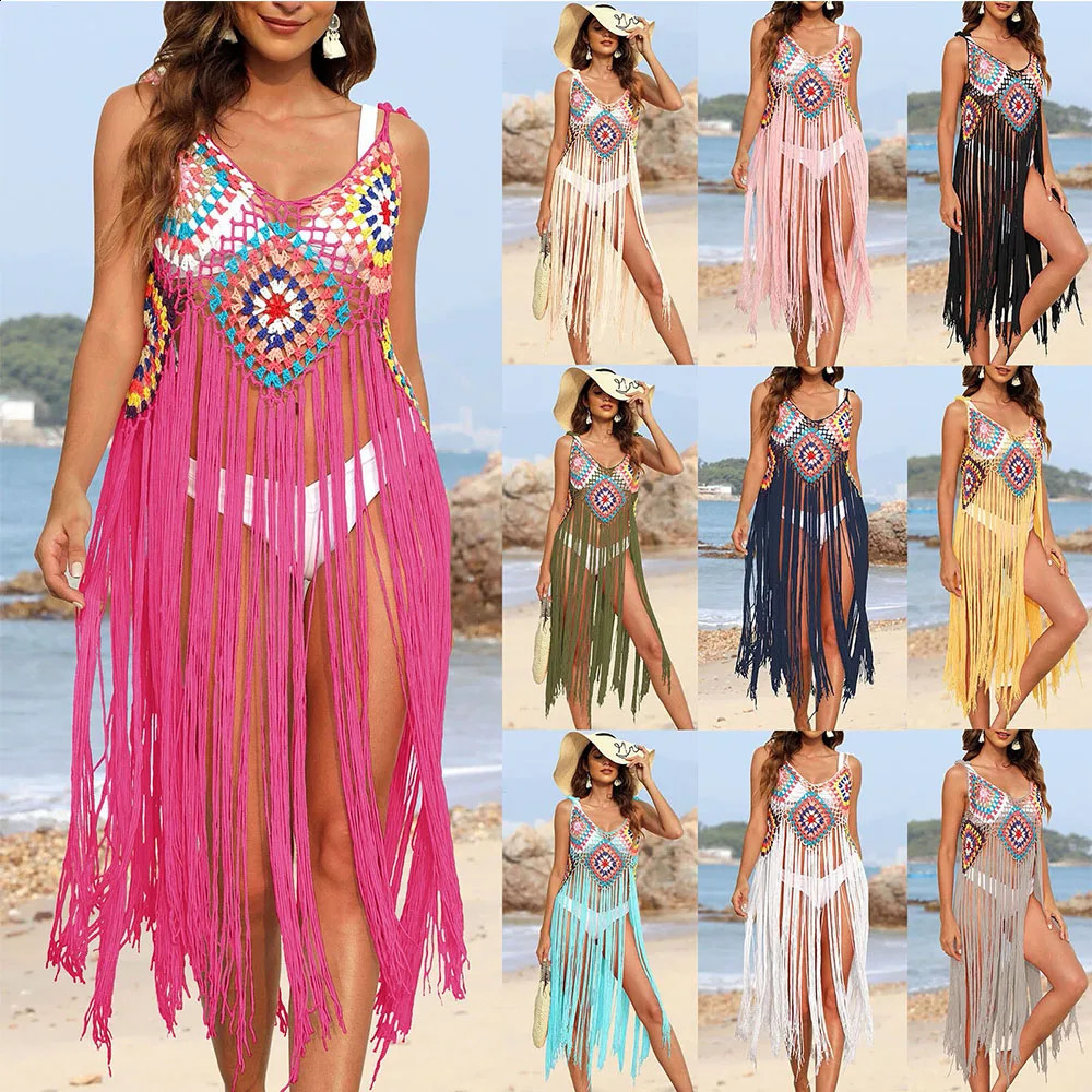 WomenS CoverUps Dress Fashion VNeck Ethnic Print Hollowed Pullover Trend Tassel Breathable Beach Bikini Cover Up 250120