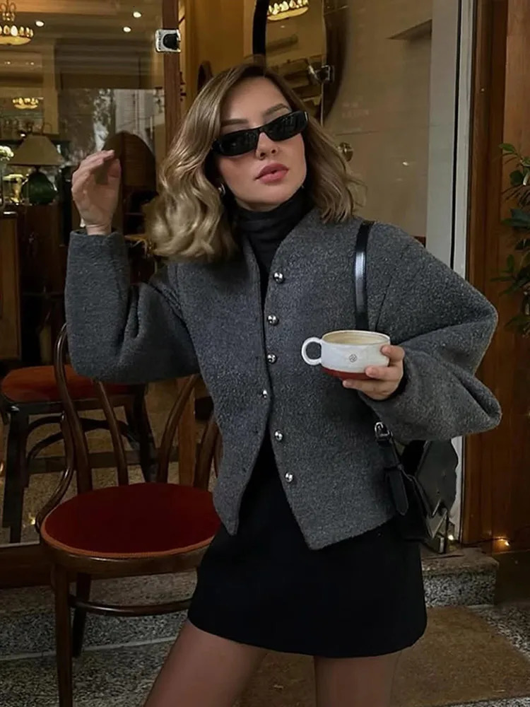 Elegant Burgundy Fitted Waist Short Jacket For Women Chic Long Balloon Sleeve Metal Button Coat 2025 Spring Lady High Streetwear 250122