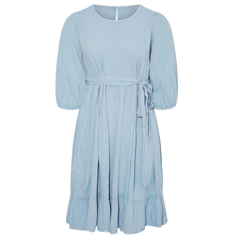 Plus Size Puff Sleeve Summer Spring Elegant Chic Party Dress Tie Waist Midi Tiered Large Casual Denim 250121