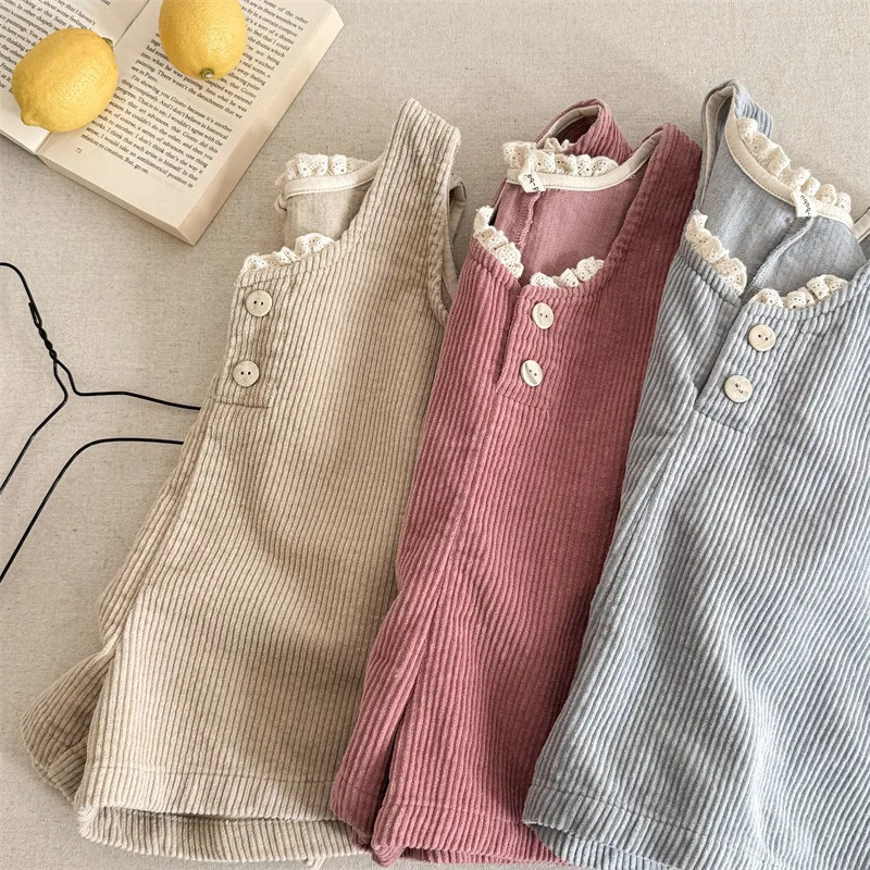 5264 Childrens Clothing Spring Girls Korean Corduroy Jumpsuit Pantsuit Casual Strap Pants 250117
