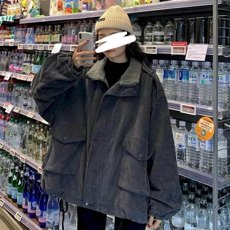 Oversized Jacket Corduroy Plus Velvet Thick Coat Loose Lamb Wool Autumn Winter 2024 Retro Clothes Coats 250113Z