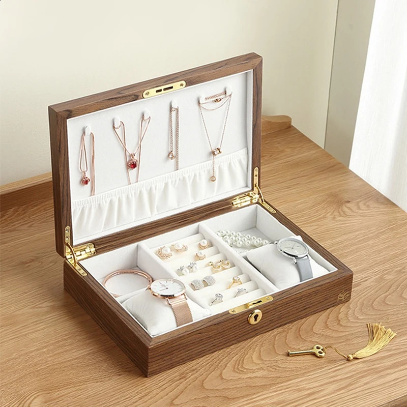 1 PCS Wooden Flip Jewelry Organizer Box Watch Earrings Ring Holder Jewellery Storage A 250117