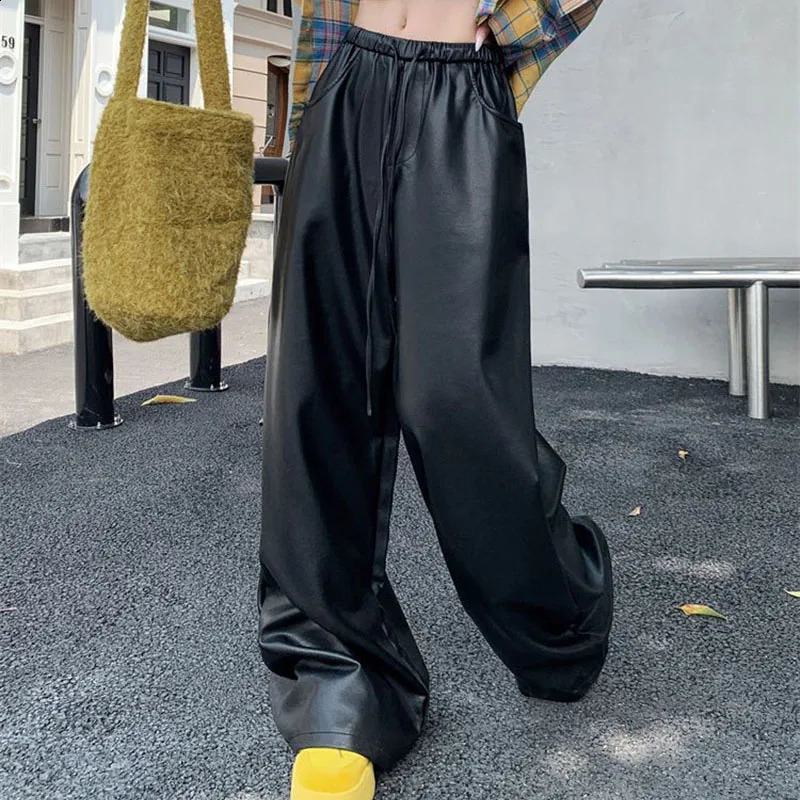 Lucyever American Black PU Leather Pants Women Autumn Winter Streetwear High Wiast Straight Pants Woman Baggy Wide Leg Trousers 250117