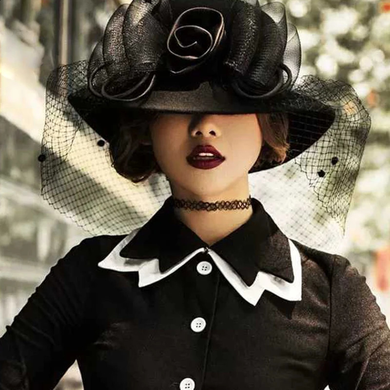 Elegant Women Wool Felt Fedora Wide Brim Hat Cloche Bowler Autumn Winter Church Hats Chapeau Femme Caps Wine Red Black 250118
