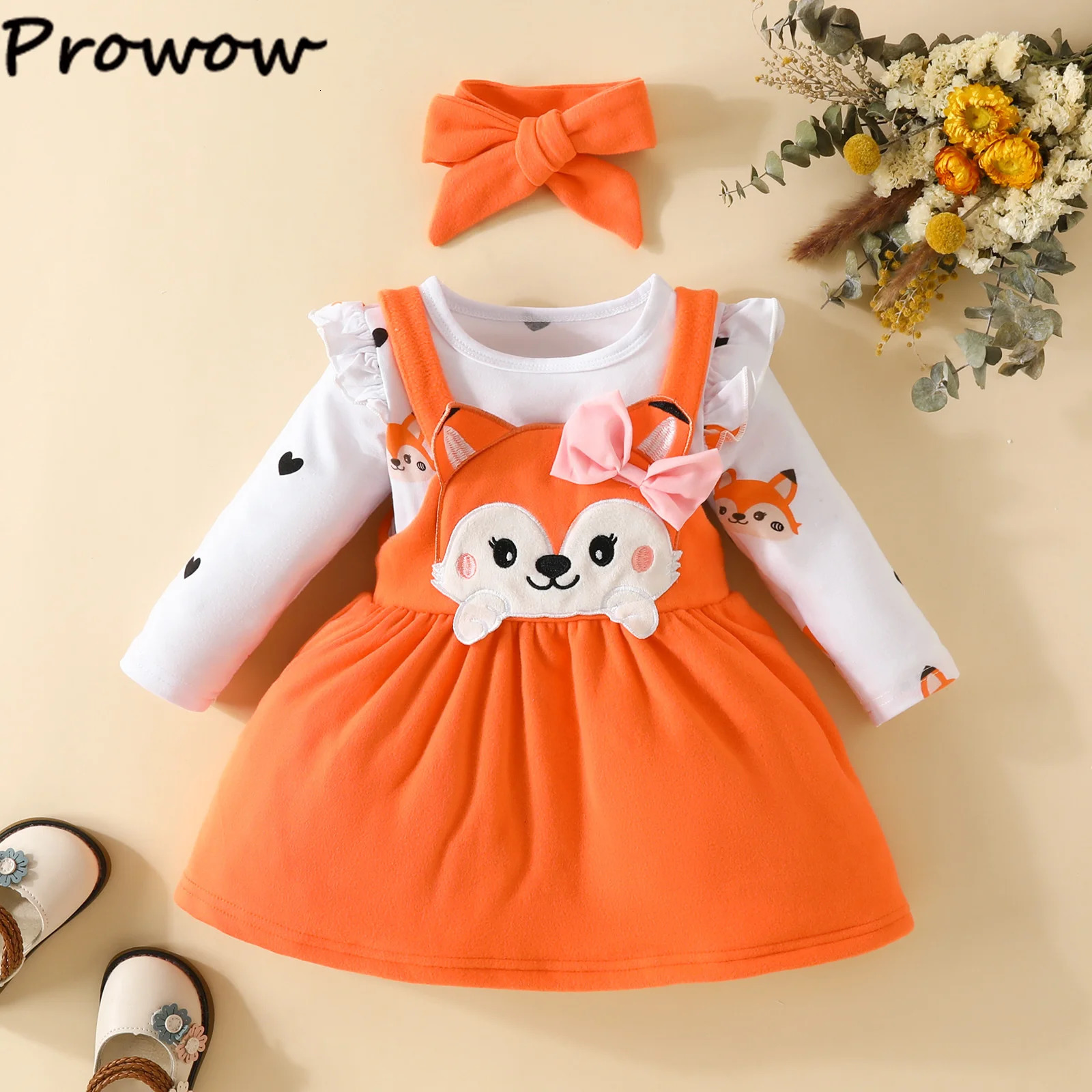 Prowow Cute Fox Baby Dresses 3pcs Set Heart Print RomperSuspender Dress For Girls Fall Winter born Girl Clothes 250117