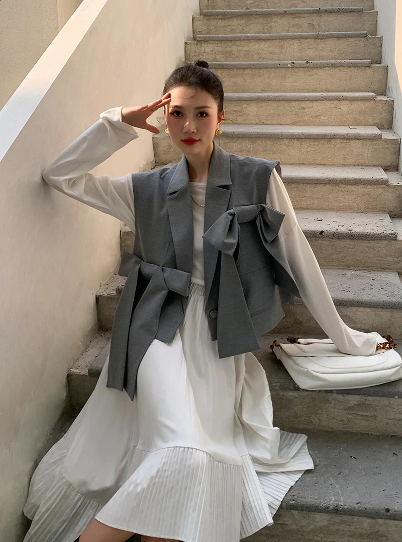 CHEERART Fashion Women Gilet Grey Vest Bow Sleeveless Blazer Coat Loose Crop Jacket Single Button Waist 250113Z