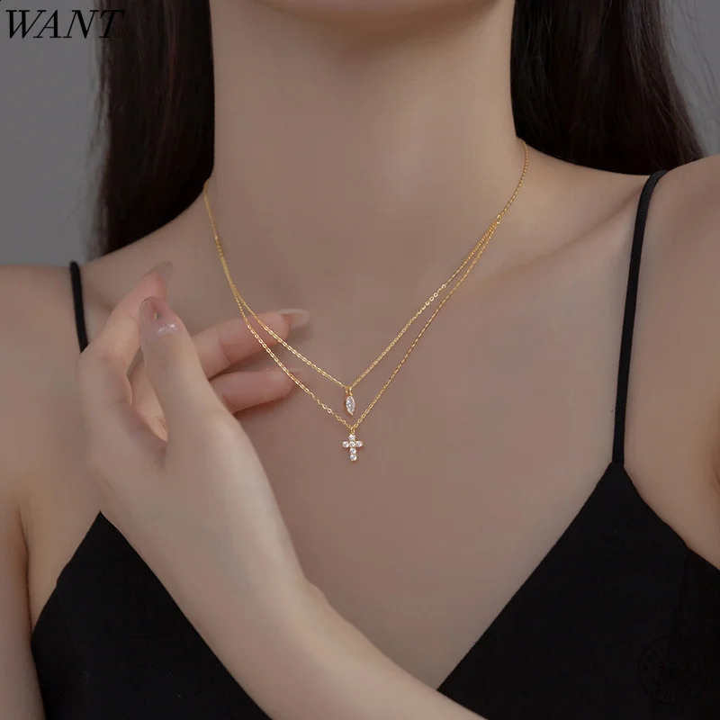 WANTME 925 Sterling Silver Trendy Double Cross Geometric Zircon Statement Gold Clavicle Necklace for Women Elegant Charm Jewelry 250117