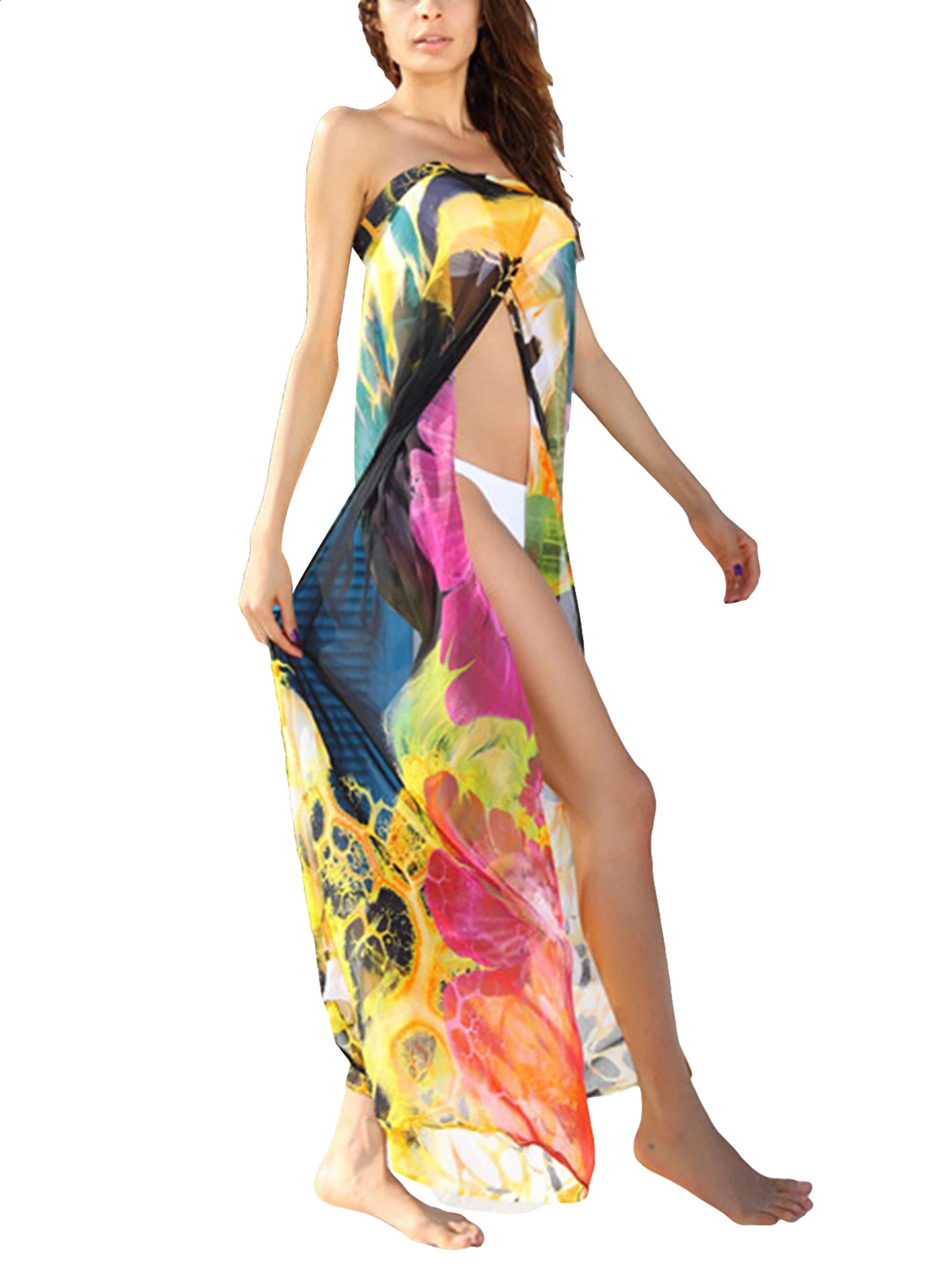 Female Beach Dress TieDyed Sleeveless Strapless Long Bikini Cover Ups for Summer BlackYellow Beachwear Biquini 250120