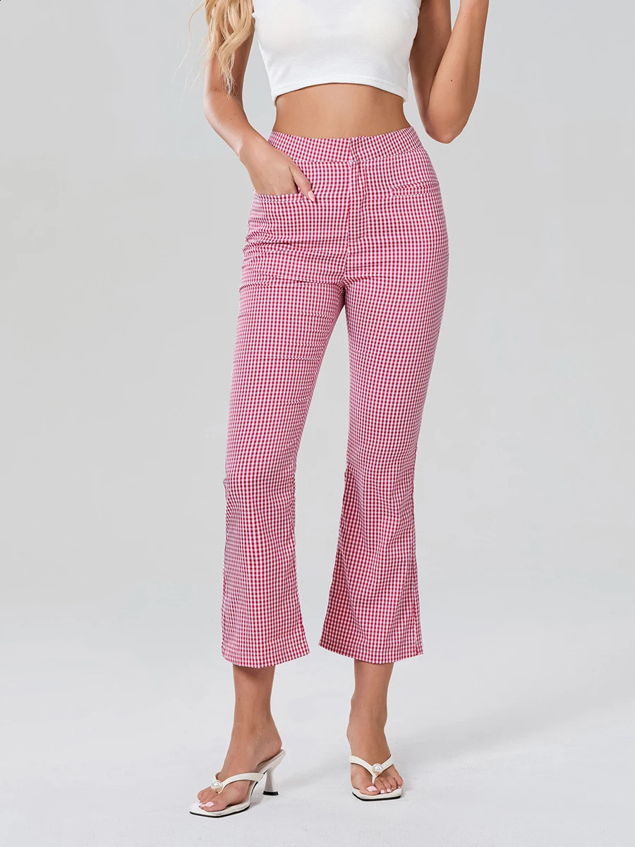 Women Checkered Trousers High Waist Plaid Pants Spring Summer Fashion Casual Sweatpants Fit Flared Leg Trendy Style 250122