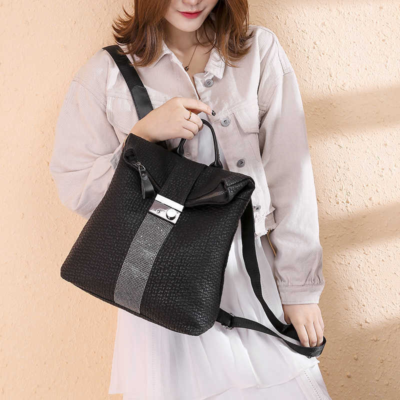 Womens Backpack New Leather Fashion Leisure Travel Bag Lock Buckle Black Backpack Women