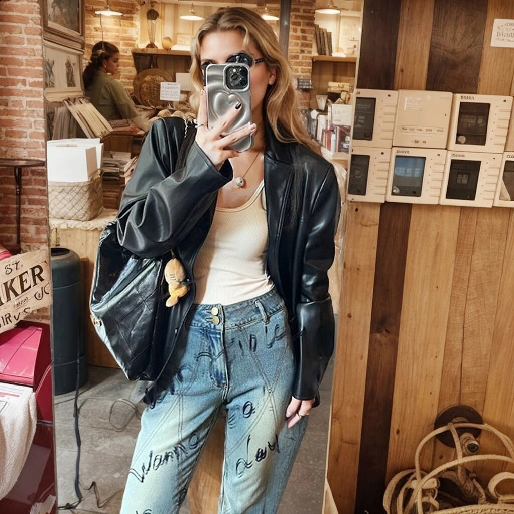 High Quality Soft Sheepskin Leather Long Sleeve Jacket For Women Top Coat Loose Outerwear Ladies Streetwear Clothing 250122