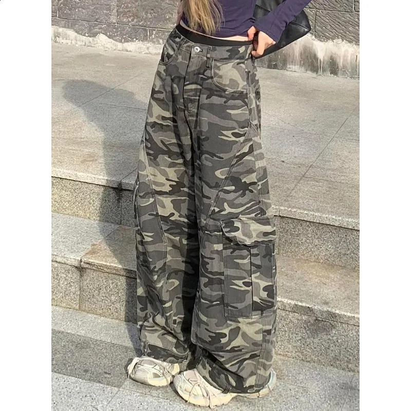Autumn Winter Low Rise Jeans Y2k Ladies American High Street Baggy Pants Woman Camouflage Drawstring Mop for Women 250122