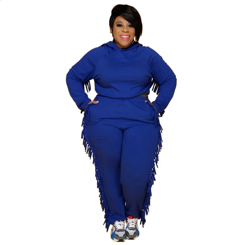 XL5XL Plus Size Women Clothing Two Piece Set Winter Outfits Long Sleeve Tassels Hoodie Sweatsuit for Female Suits 250122