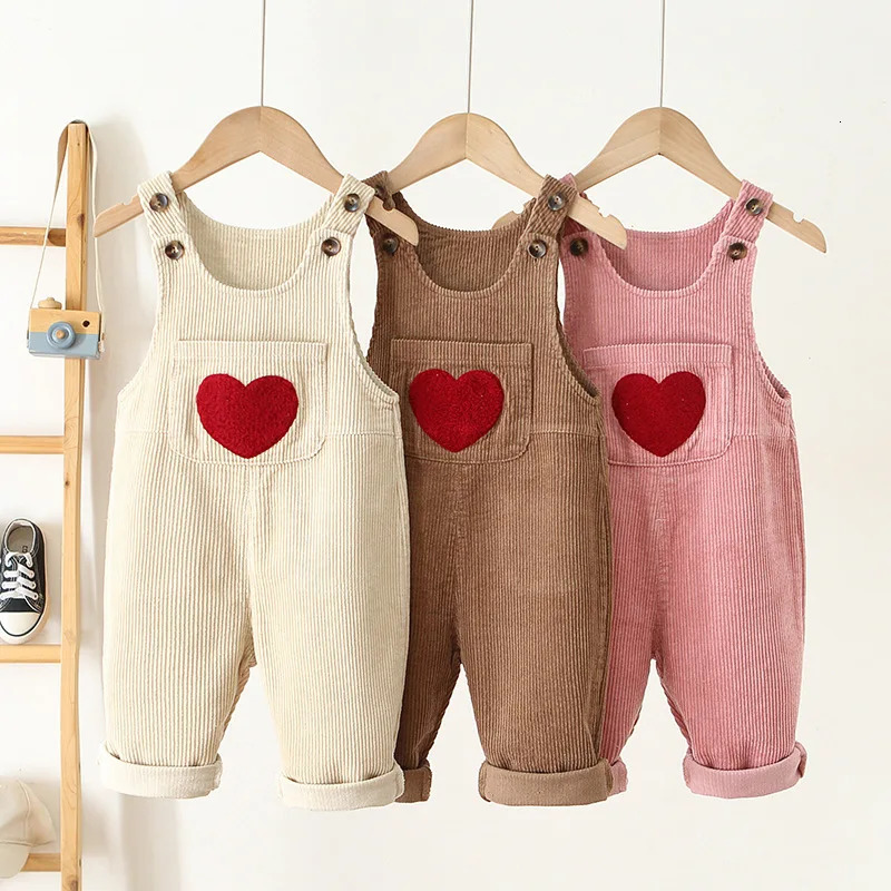 14Y Spring Kids Baby Clothes Heart Embroidery Boys Girls Bib Pants Solid Overalls Corduroy Casual Suspender Outwear 250117