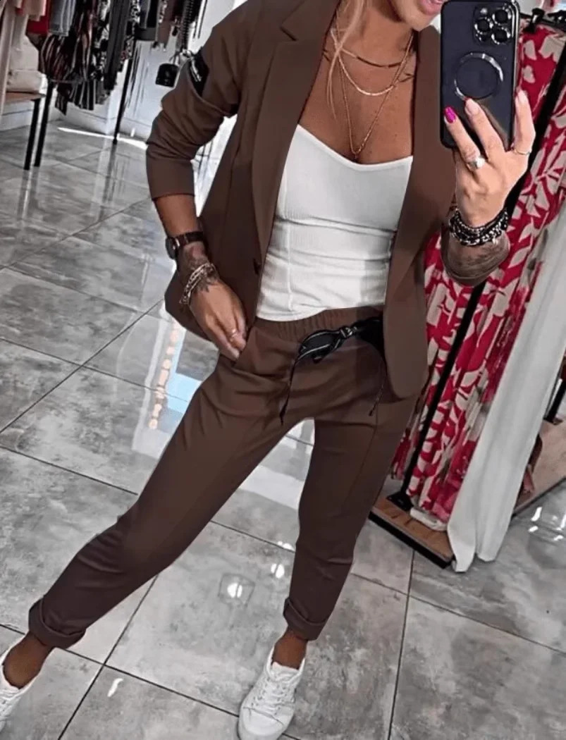 Autumn And Winter Women Casual Solid Color Slim Fit Blazer Two-piece Fashion Button Cardigan Jacket Pencil Pants 2-piece Suit 250120