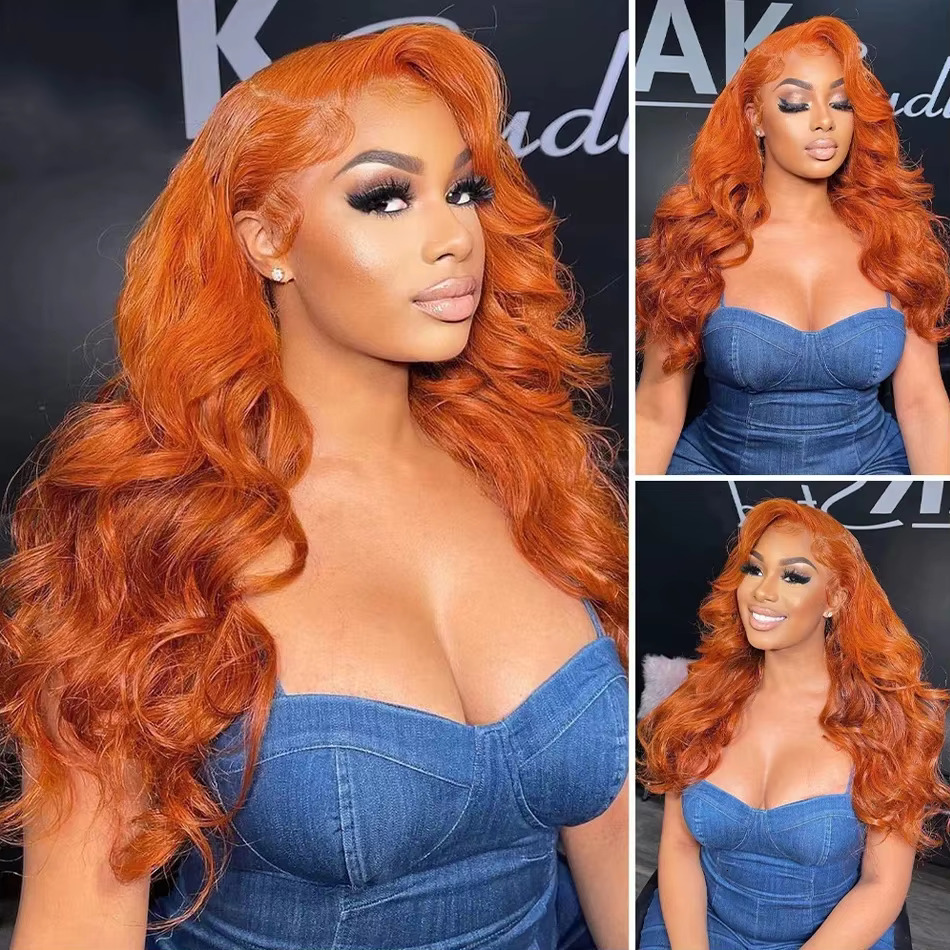 Ginger Body Wave 13x4 Transparent Front Human Hair Wigs Pre Plucked Bleach Orange HD 13x6 Lace Frontal Wig For Women