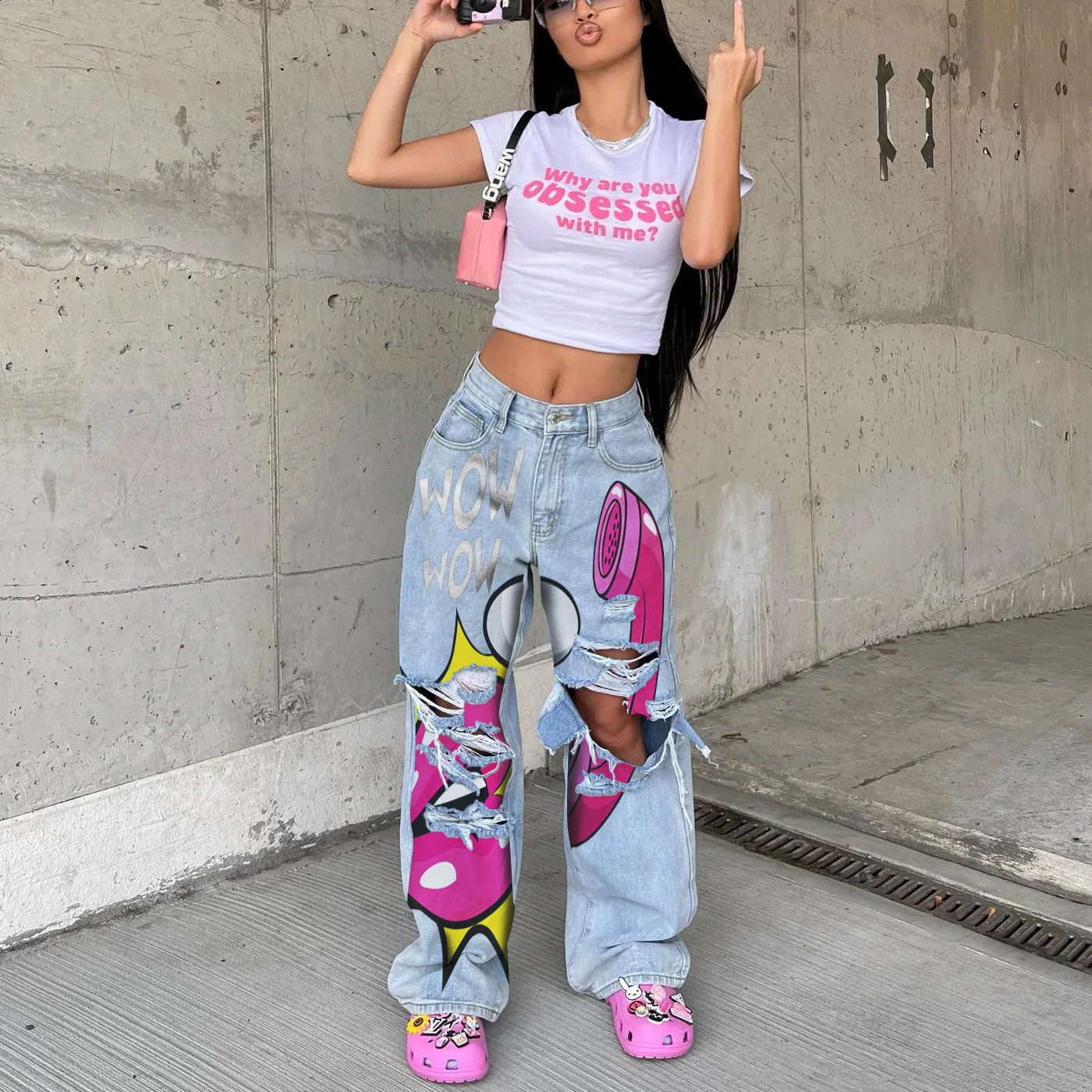 MID Waist Print Stretchy Jeans Stretchy Daily Fashion Womens Pants Streetwear Baggy Jeans Boyfriend Jeans Y2k HOLE Pants 3XL 250118