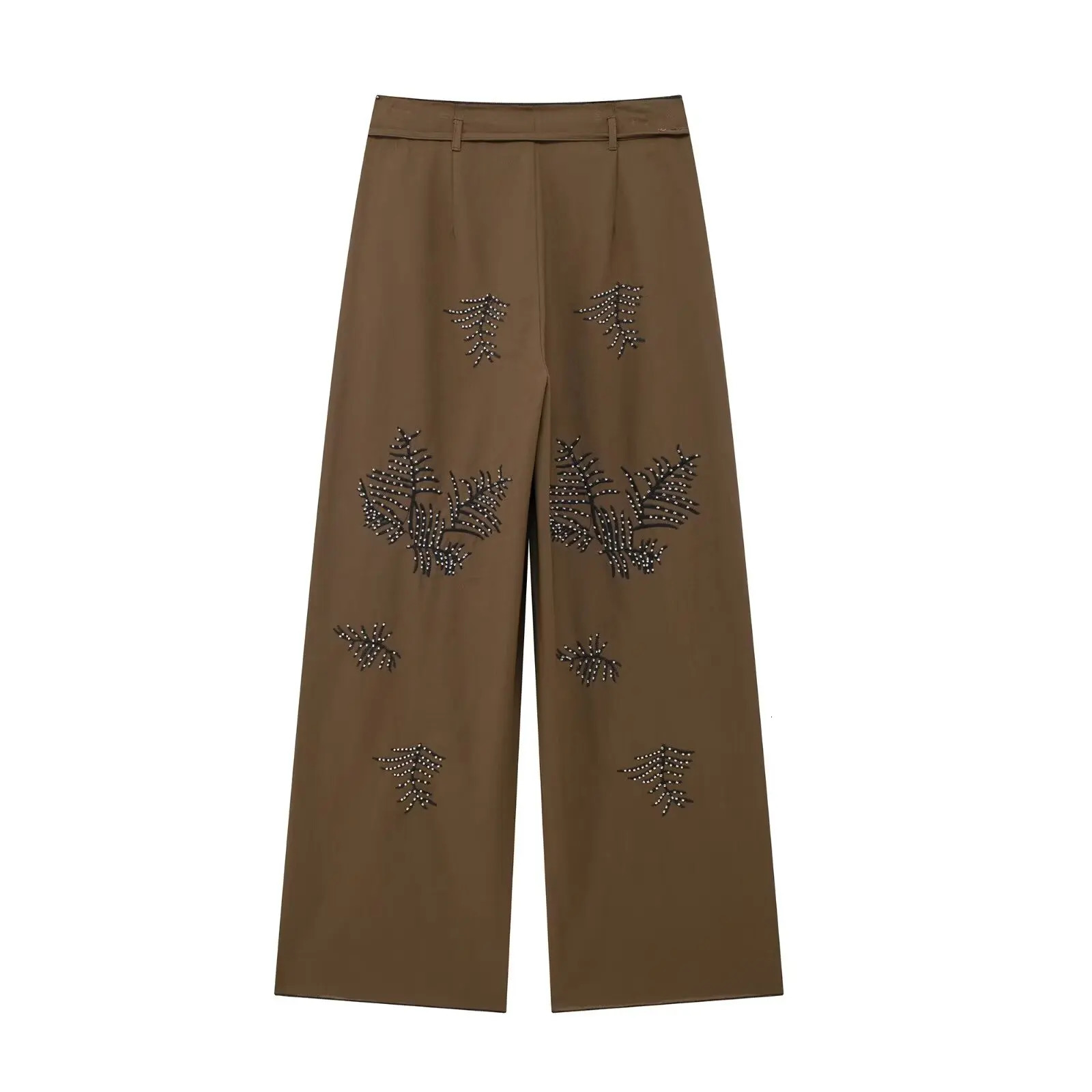 2024 Summer Womens Round Neck Long Sleeve Embroidered Vest Shirt Middle Waist Wide Leg Pants Set 250122