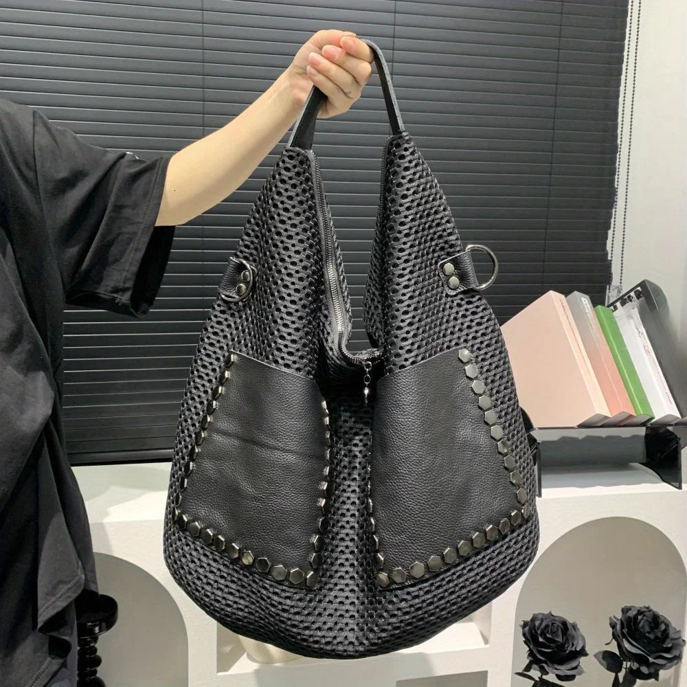 Womens Large Capacity Shoulder Bag Fashionable Mesh Splicing Genuine Leather Crossbody Bag 250110