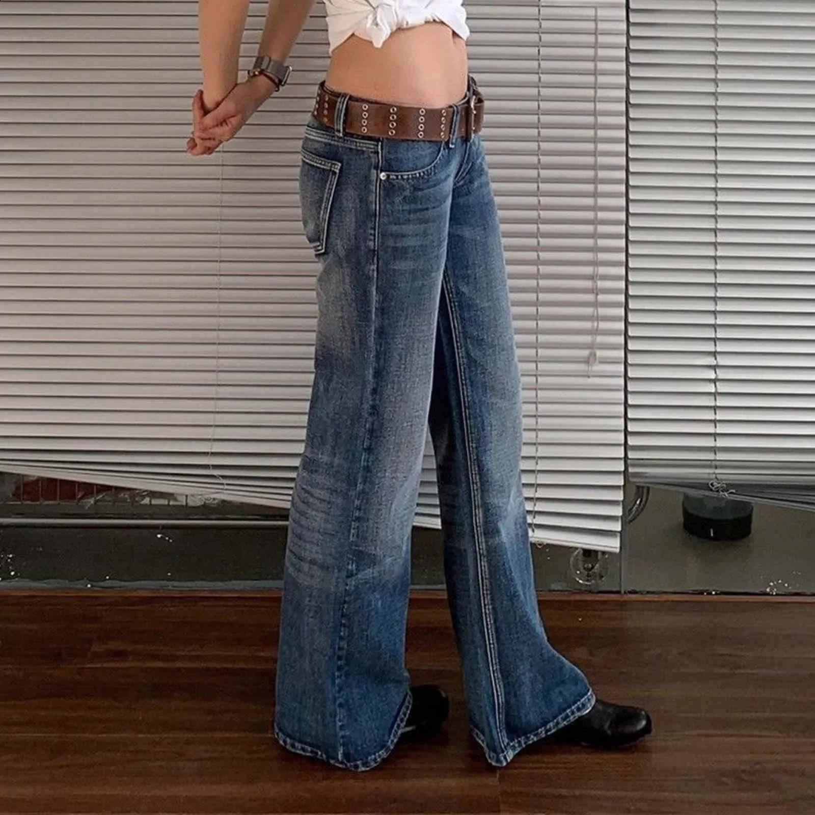 Vintage Women Distressed Flare Jeans Y2k Low Rise Boot Cut Denim Pants Retro Streetwear Wide Leg Blue Trousers 250118