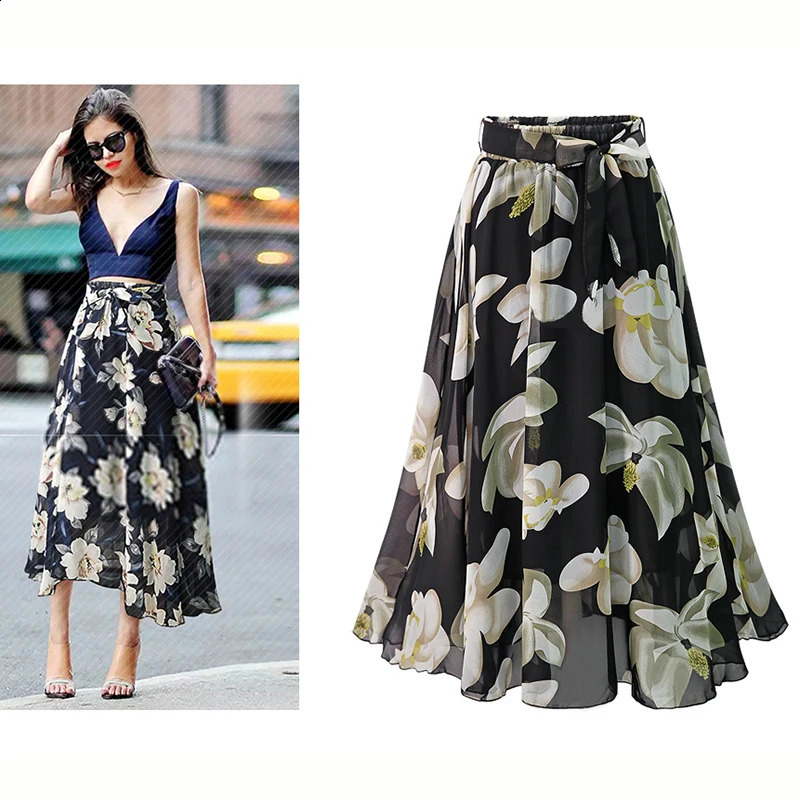 Plus Size Print Floral Skirt Women 2024 Summer Loose Elastic High Waist Chiffon Midi Skirts Lace Up Bow L5XL Swing Jupe Femme 250122