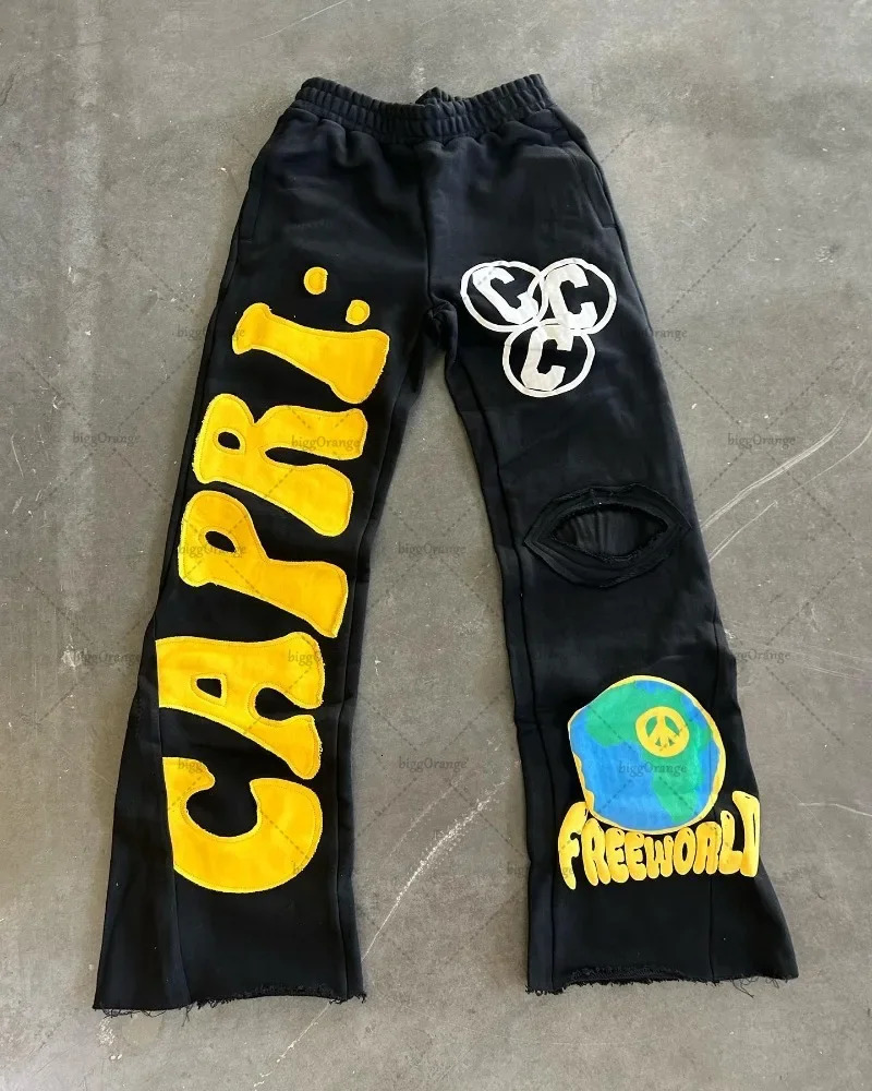 Embroidered American Wide Leg Pants Street Retro Trouser Womens Y2K Street Hip Hop Straight Knitted Pants Mens 250122