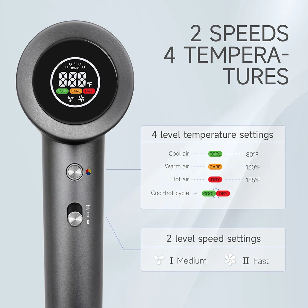 Compact Hair DryerFaster Drying Shinier HairTemperature LED Display 110000RPM/MIN Portable Ionic Blow Dryer 250520