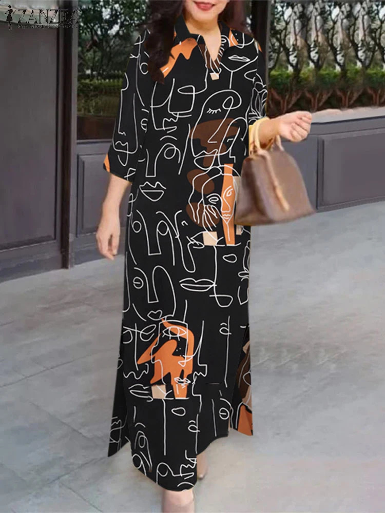 Autumn Spring Printed Dress Baggy Sundress ZANZEA Stylish Women Long Shirt Dress Vintage Lapel Neck Work Vestidos Kaftan 250122