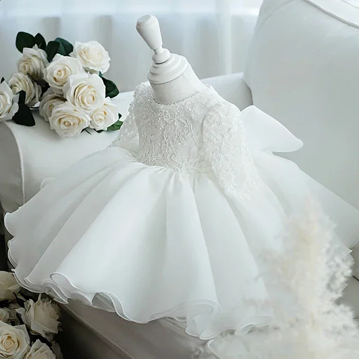 Sequin White 1st Birthday Dress Girl Baptism Dress Mesh Princess Party Ball Gown For Baby Girl Clothes Long Sleeve born 250115