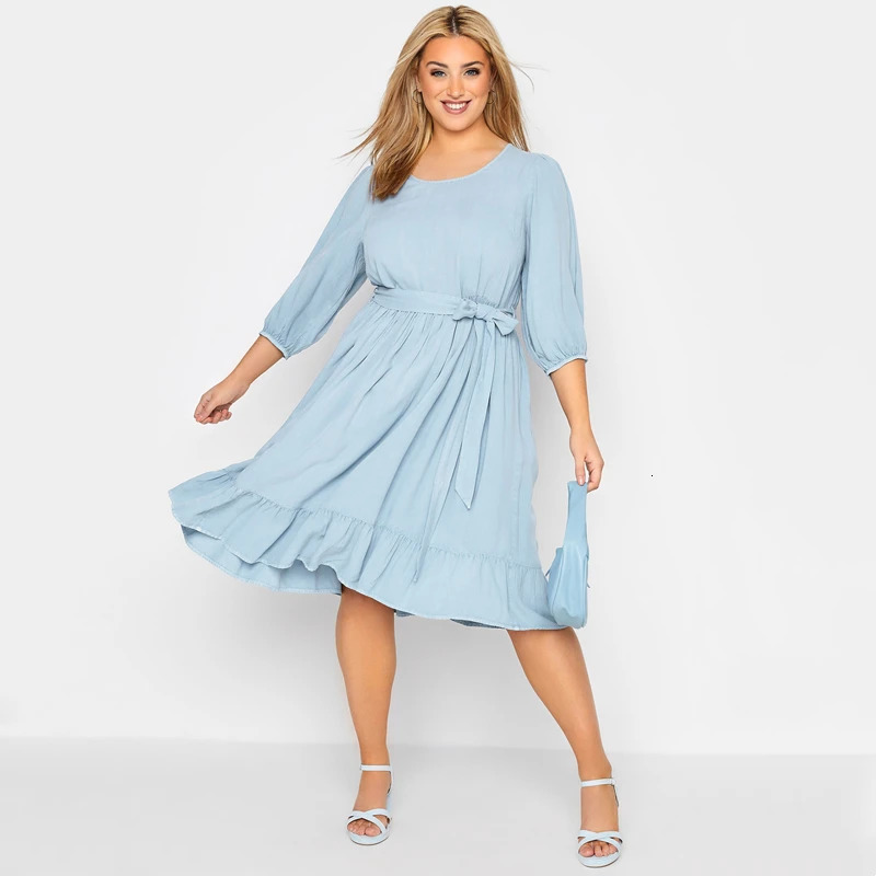 Plus Size Puff Sleeve Summer Spring Elegant Chic Party Dress Tie Waist Midi Tiered Large Casual Denim 250121