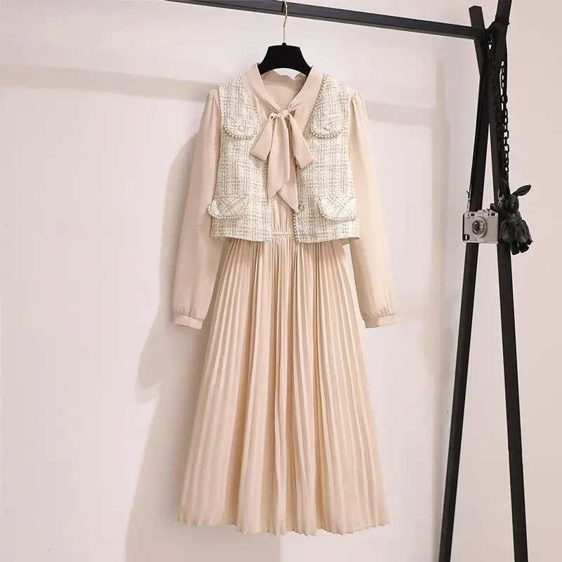 Xiaoxiangfeng Spring Autumn Outfits Early 2024 Elegant VNeck Pearl Vest French Style Bowknot Dress Two Piece Set 250122