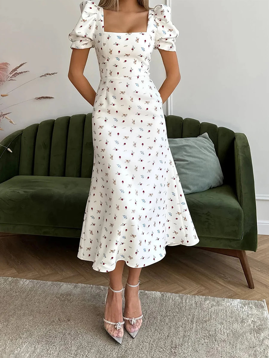 Fashion Womens Summer Midi Dress Casual Short Puff Sleeve Floral Print A-Line Dress Elegant Flowy Dress S M L 250122