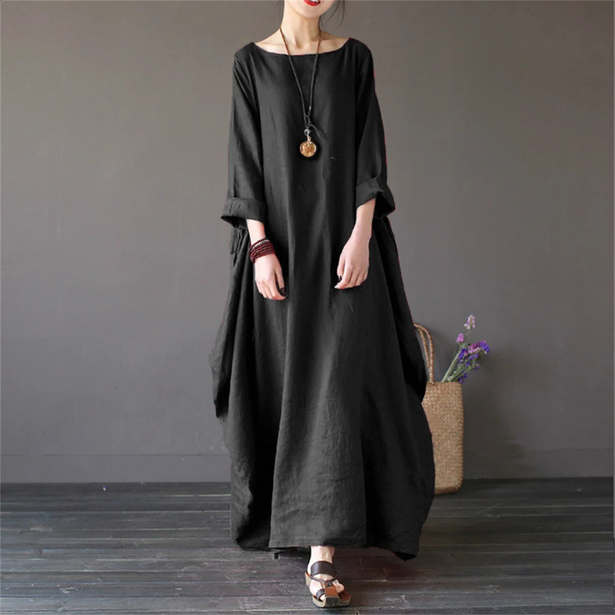 Fashion A-line Solid Color Dress Womens Round Neck Seven Sleeve Casual Long Vestidos Loose Office Lady Robes Summer 250122
