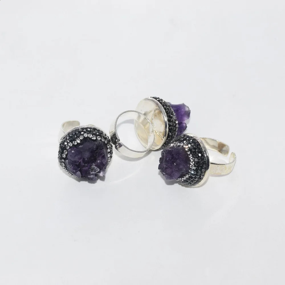 Uruguay Amethyst Purple Raw crystal quartz druzy adjustable rings rhinestone paved cluster geode druzy stone rings women 250121