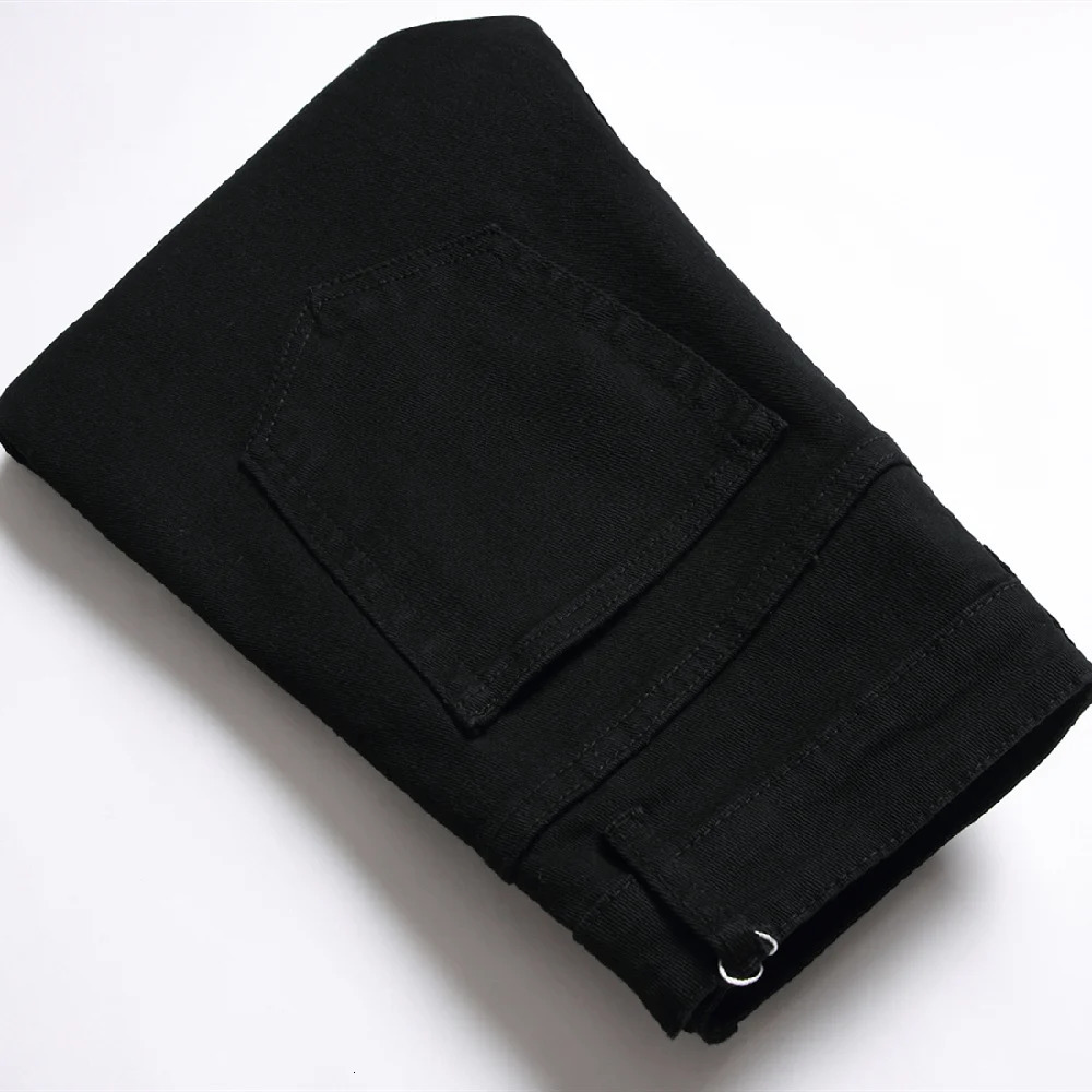 Mens Black Stretch Skinny Fit Pencil Jeans Trousers Knee Ripped Distressed Motorcycle Biker Jeans Pants For Men 250118