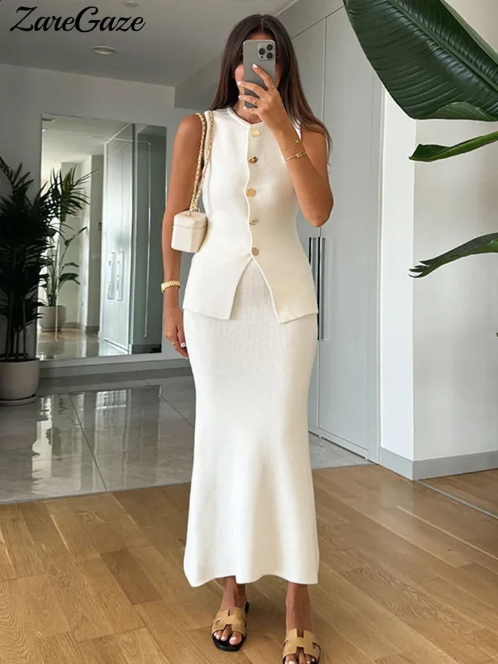 Solid Knit Sleeveless Vest Skirts Sets Women O-neck Single Breasted Vests Hip Package Long Skrit 2025 Spring Elegant Lady Sets 250120