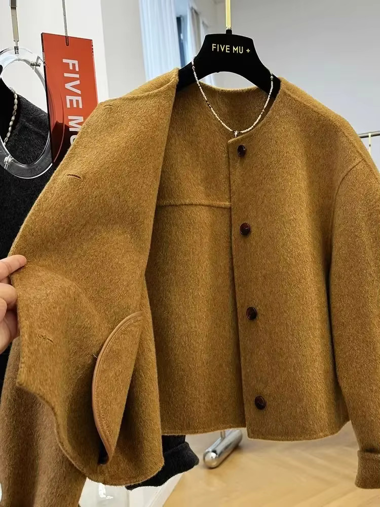 Wool Double-Sided Woolen Coat Women Autumn And Winter Round Jackets Long Sleeves Short Blends Coats