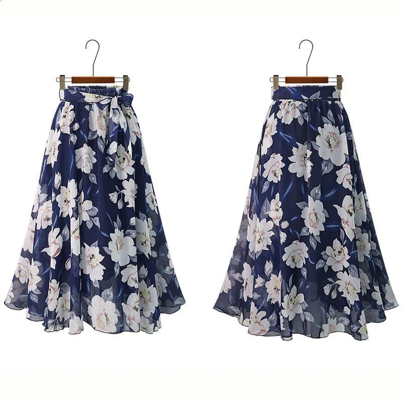 Plus Size Print Floral Skirt Women 2024 Summer Loose Elastic High Waist Chiffon Midi Skirts Lace Up Bow L5XL Swing Jupe Femme 250122