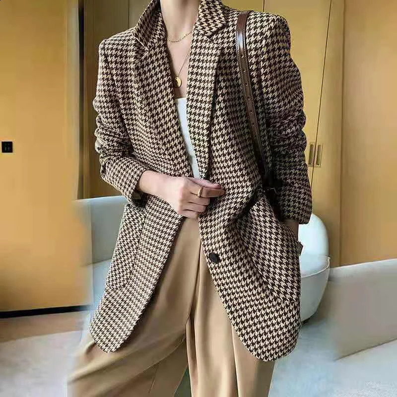 Korean Vintage Coat Woolen Plaid Houndstooth Blazer Elegant Spring Autumn Office Lady Belt Oversize Chic Jacket Outerwear 250113