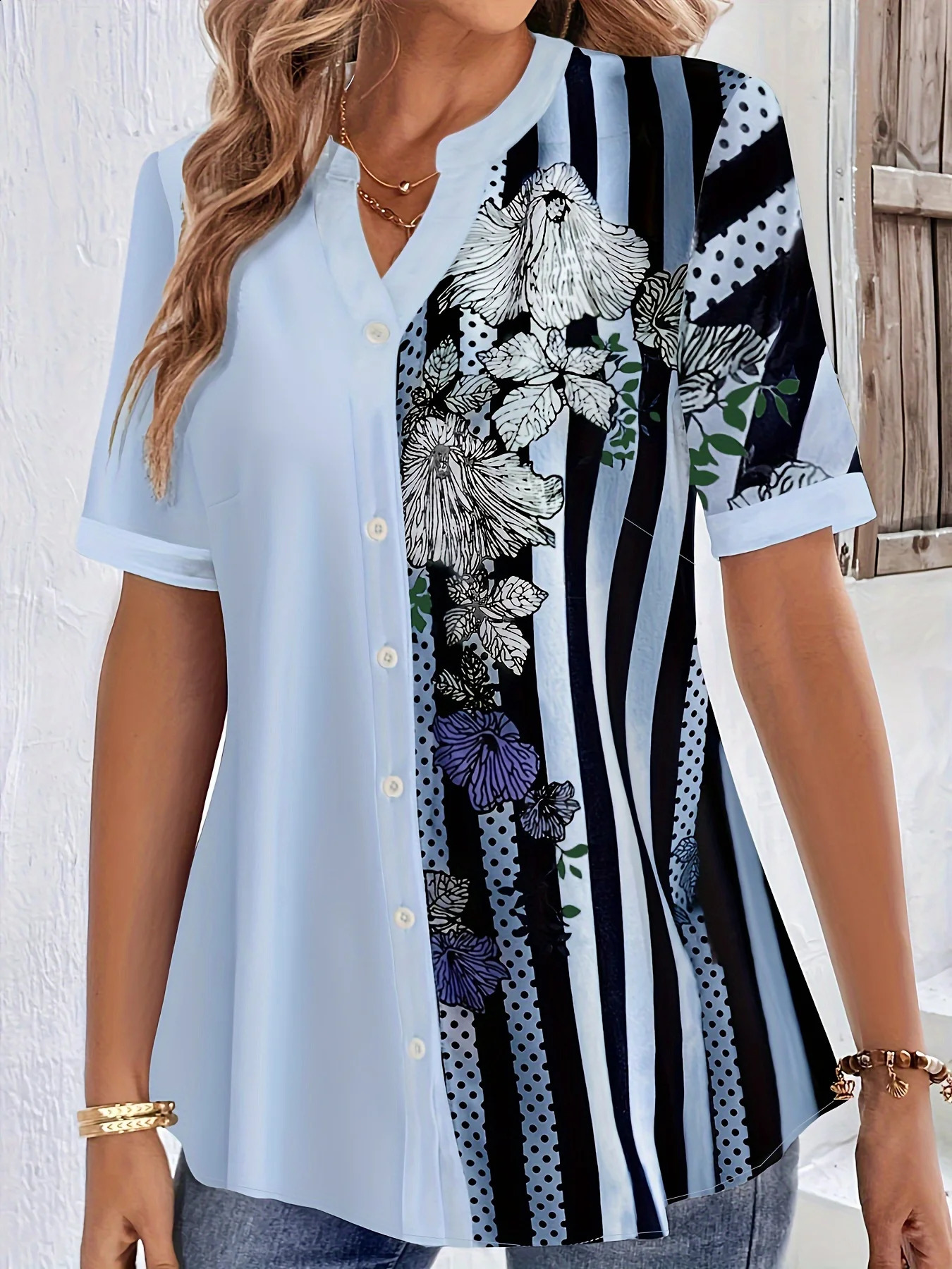 Plus size striped printed shirt casual round neck half sleeved spring womens plus clothing 250122