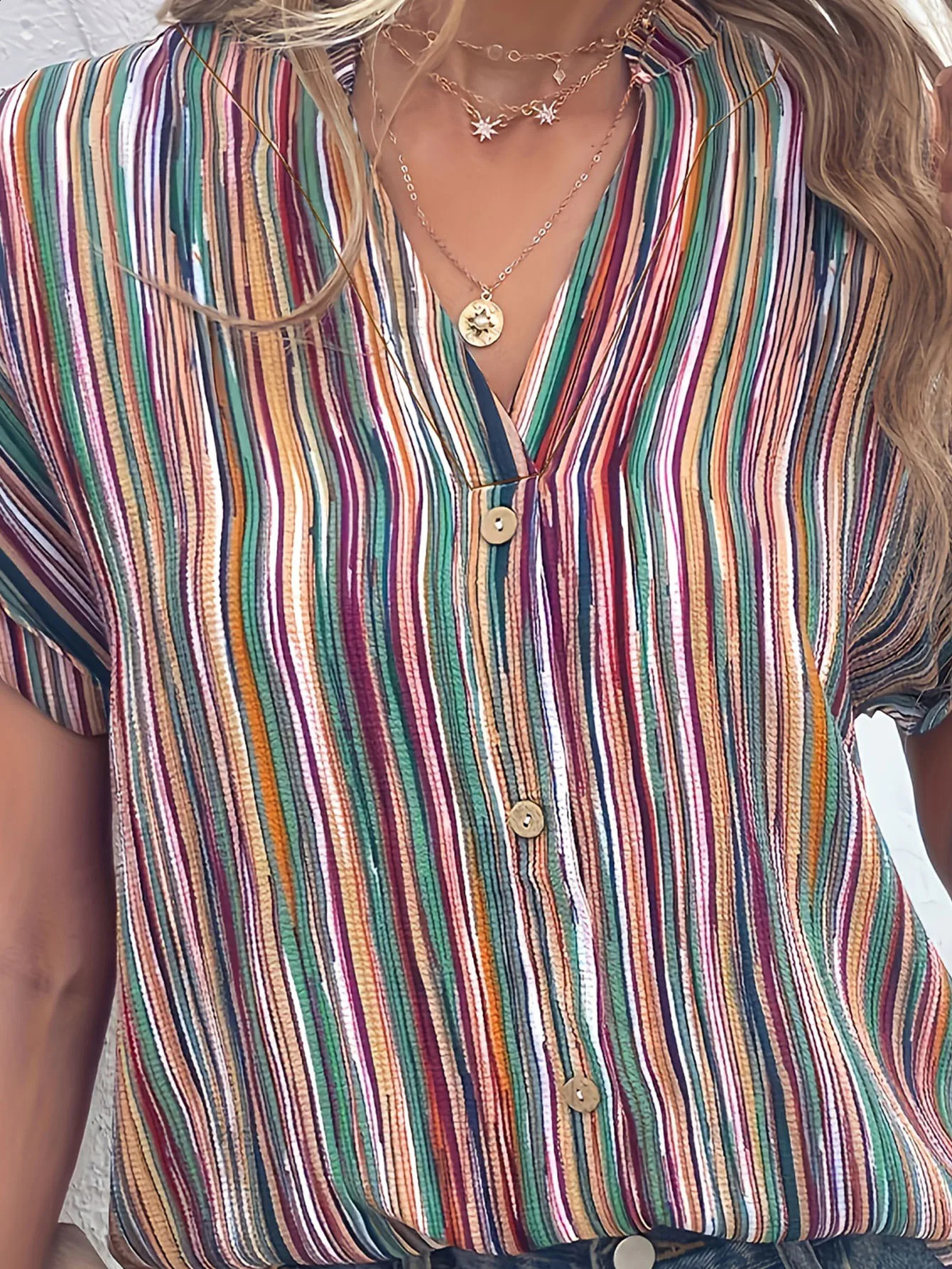Plus Size Striped Print Blouse Casual Round Collar Half Sleeve For Spring Womens Clothing 250122