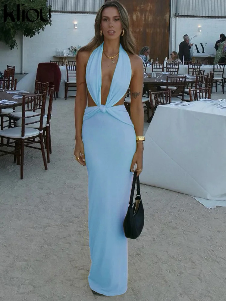 kliou Elegant Women Long Dress Summer Sexy Halter Backless Low Neck Lace Up Concise Vestidos Female Vacation Party Bodycon 250121