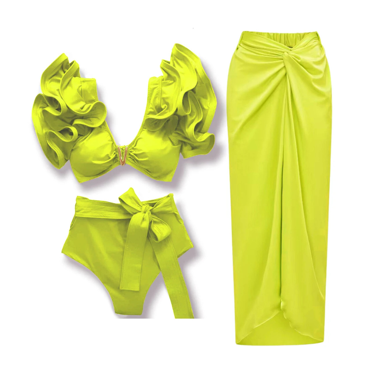 V-neck two-piece bikini set shoulder pleated swimsuit high waisted Biquini sexy swimsuit womens solid swimsuit beachwear 250118
