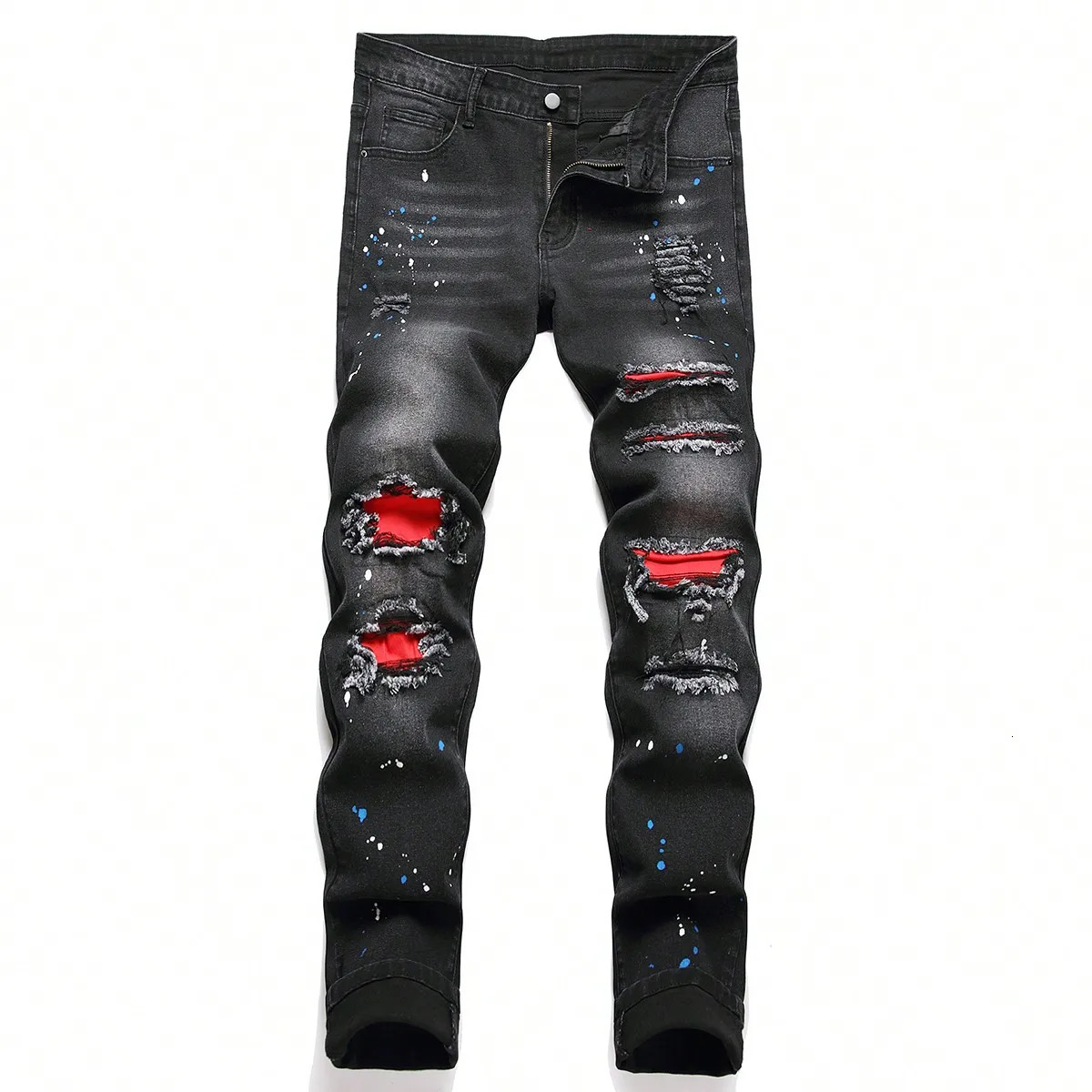 Mens Stretchy Ripped Skinny Biker Embroidery Cartoon Print Jeans Destroyed Hole Slim Fit Denim High Quality Hip Hop Black Jeans 250118